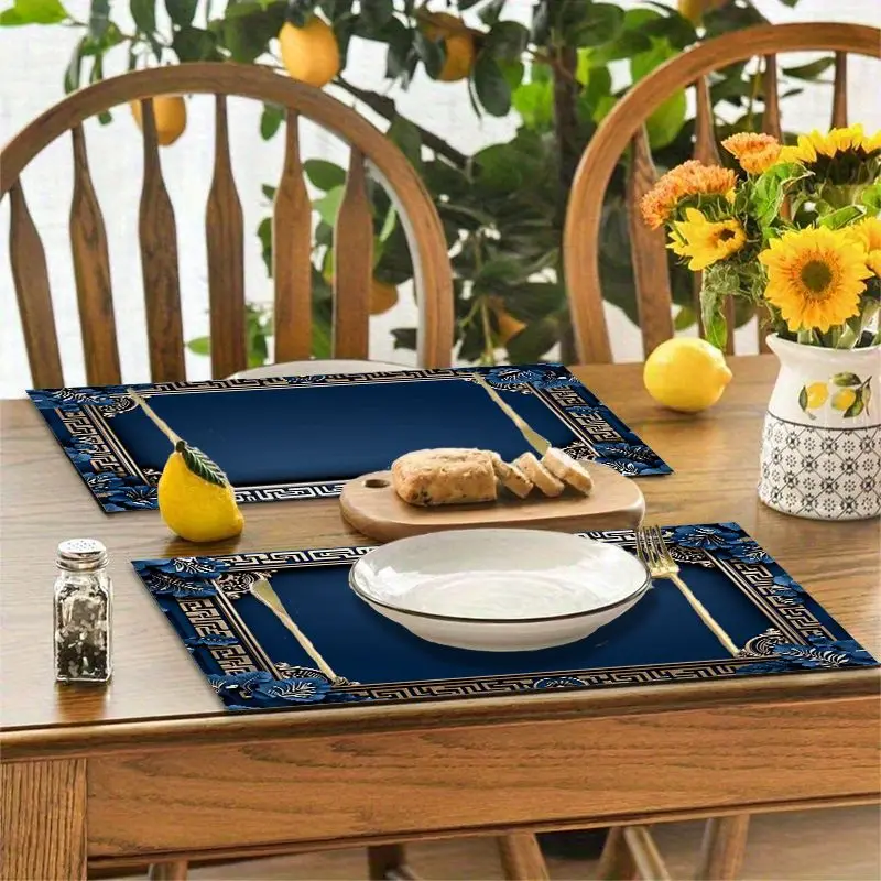 4Pcs, Blue and Gold Floral Placemats, Washable, Suitable for Holiday Parties, Home Decor, Kitchen Tables, Rectangular Dining Rooms, Making Your Dining Room and Kitchen More Beautiful, Birthday Gifts for Family and Friends, and Housewarming Party Gifts thumbnail 5
