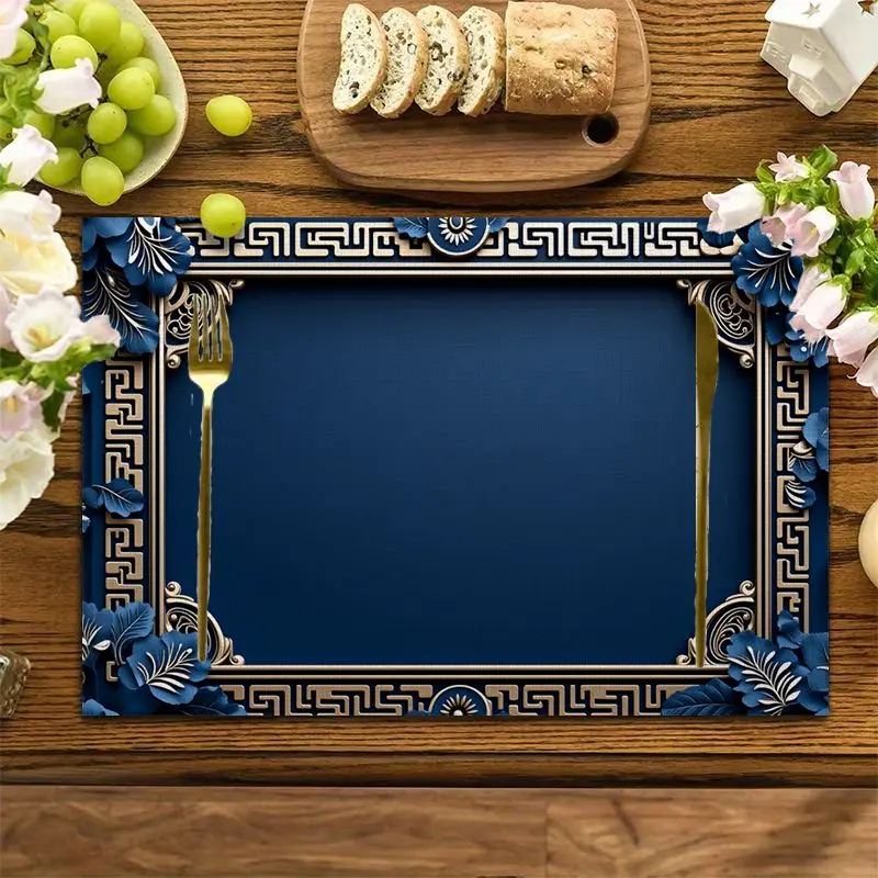 4Pcs, Blue and Gold Floral Placemats, Washable, Suitable for Holiday Parties, Home Decor, Kitchen Tables, Rectangular Dining Rooms, Making Your Dining Room and Kitchen More Beautiful, Birthday Gifts for Family and Friends, and Housewarming Party Gifts thumbnail 2