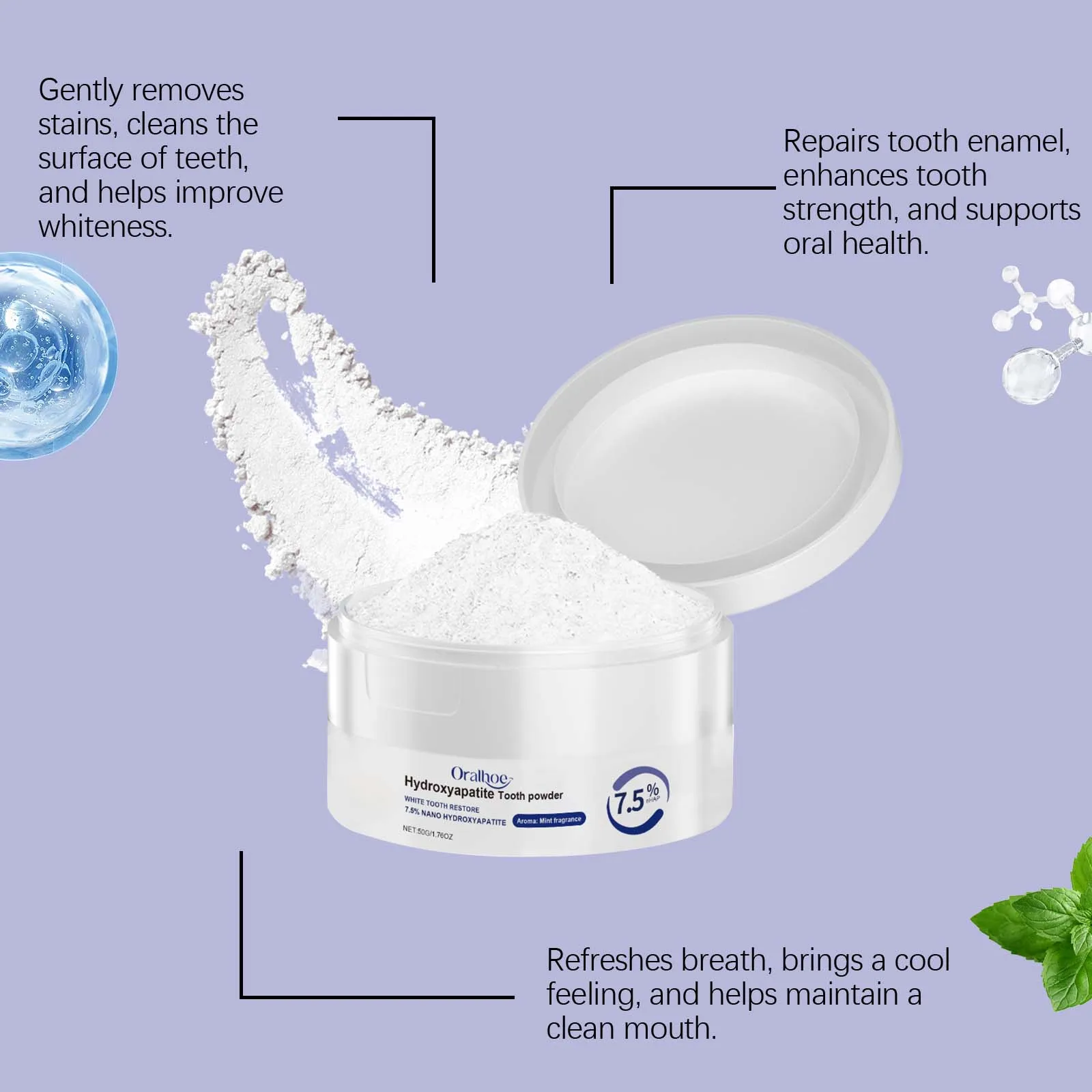 Oral Care Deep Cleaning Whitening Tooth Powder with 7.5% Hydroxyapatite - Remineralizing Cool Mint Enamel Repair Fresh Breath thumbnail 4