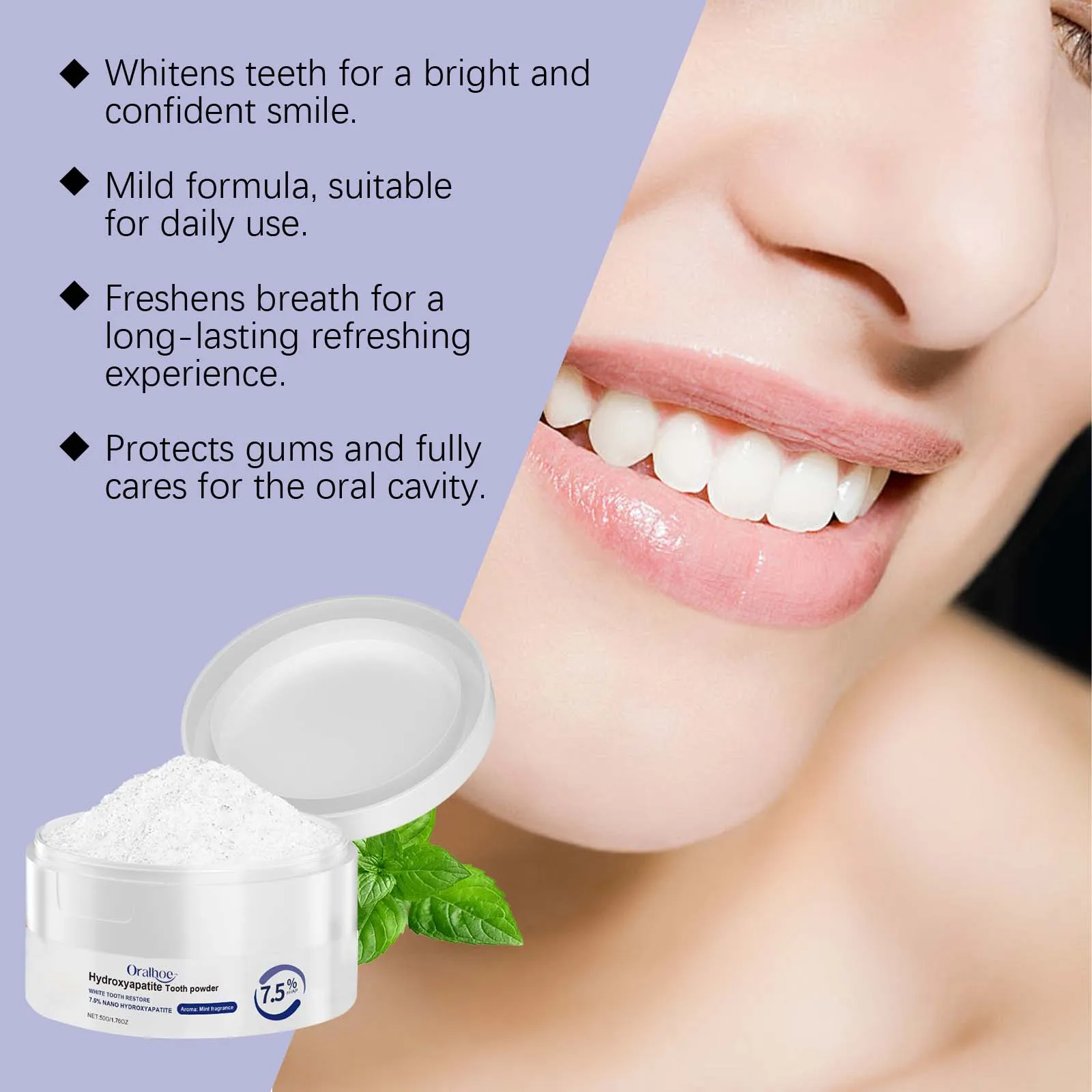 Oral Care Deep Cleaning Whitening Tooth Powder with 7.5% Hydroxyapatite - Remineralizing Cool Mint Enamel Repair Fresh Breath thumbnail 5