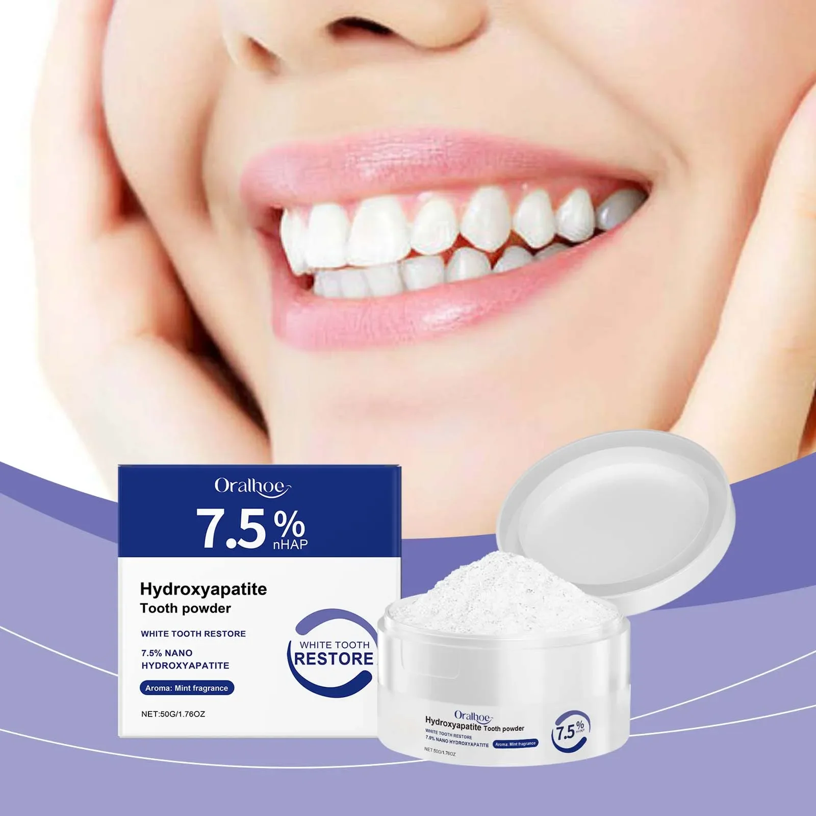 Oral Care Deep Cleaning Whitening Tooth Powder with 7.5% Hydroxyapatite - Remineralizing Cool Mint Enamel Repair Fresh Breath thumbnail 6