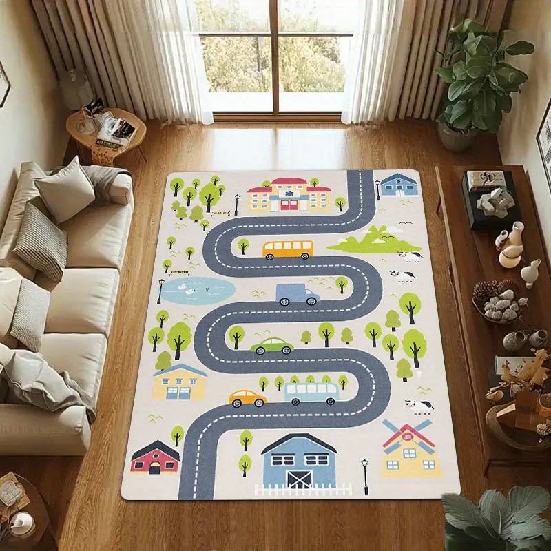 "Farm Road" Kids Play Mat – Colorful House & Car Design, Soft Flannel for Indoor/Outdoor Use in Living Room, Playroom or Garden