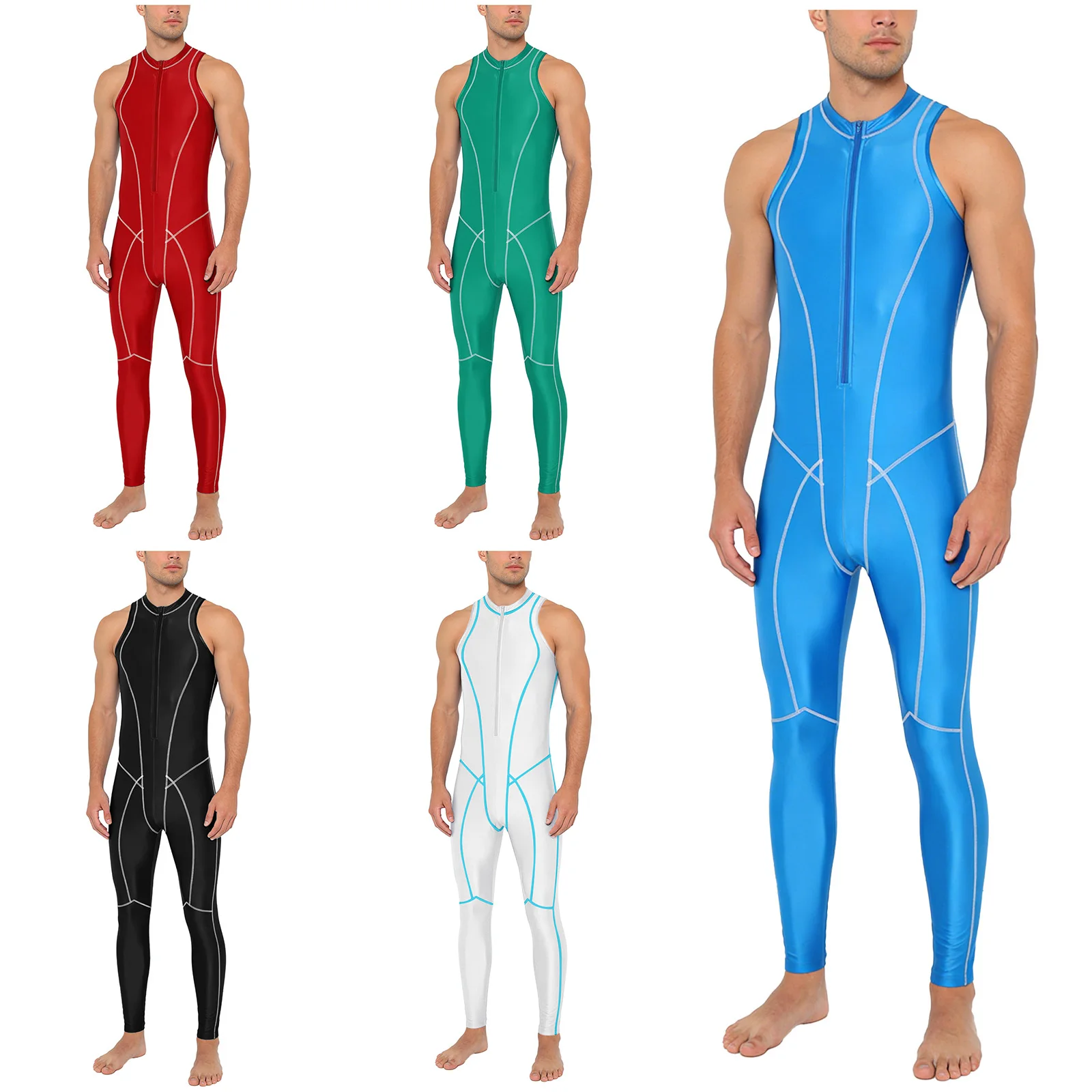 Men Swimsuit Glossy Jumpsuit Swimwear Rash Guard Wetsuit Beach Surfing Sports Workout Unitard Sleeveless Zipper Silky Bodysuit thumbnail 3