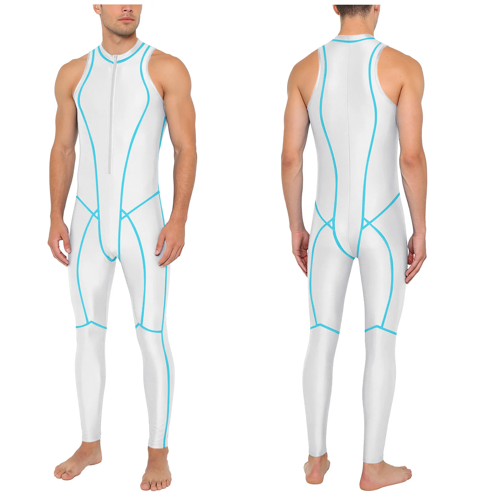 Men Swimsuit Glossy Jumpsuit Swimwear Rash Guard Wetsuit Beach Surfing Sports Workout Unitard Sleeveless Zipper Silky Bodysuit