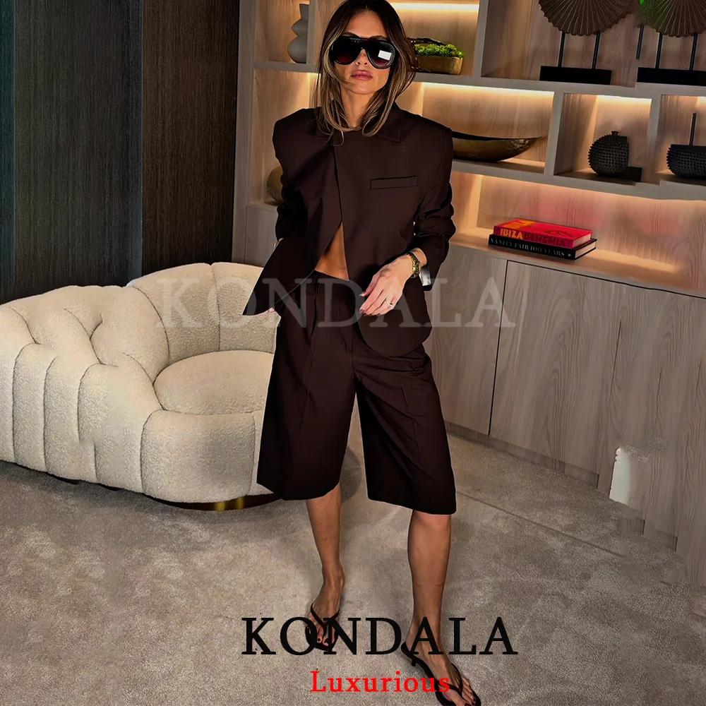 KONDALA Women Office Lady Casual Chic Brown Blazer Suit Long Sleeve Blazer Zipper Half Pants Fashion 2026 Spring Summer Suit thumbnail 3