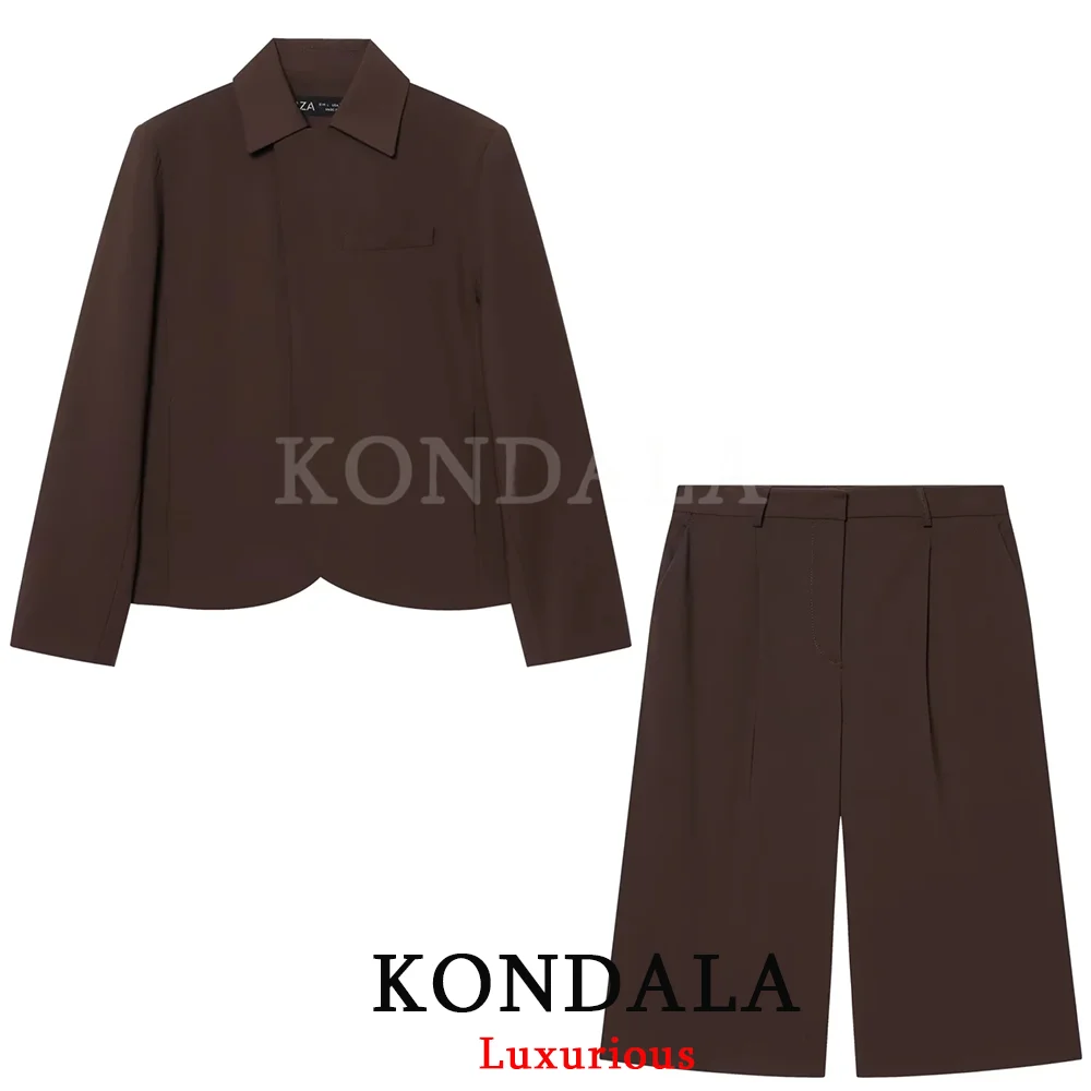 KONDALA Women Office Lady Casual Chic Brown Blazer Suit Long Sleeve Blazer Zipper Half Pants Fashion 2026 Spring Summer Suit thumbnail 5