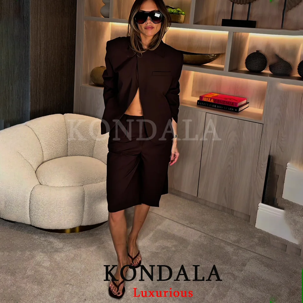 KONDALA Women Office Lady Casual Chic Brown Blazer Suit Long Sleeve Blazer Zipper Half Pants Fashion 2026 Spring Summer Suit thumbnail 4