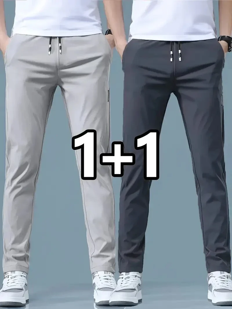 2026 2 Pieces Men's Casual Ice Silk Pants Stretch Slim Elastic Waist Joggers Korean Classic Male Brand Print Long Trousers Men thumbnail 2