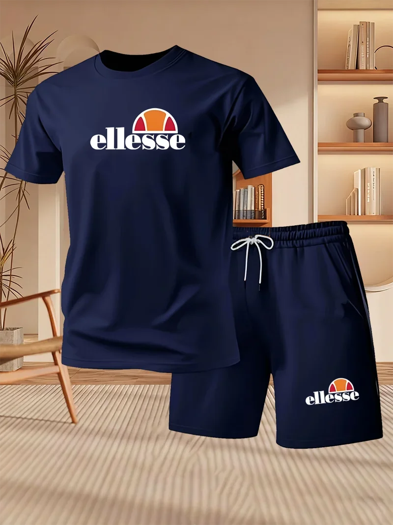2026 Summer New Men's Fashion Outdoor Sports Set Printed Short Sleeve T-shirt+Shorts Loose Home Leisure Two Piece Set thumbnail 4