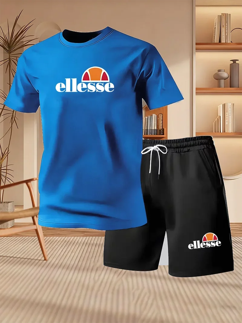 2026 Summer New Men's Fashion Outdoor Sports Set Printed Short Sleeve T-shirt+Shorts Loose Home Leisure Two Piece Set thumbnail 3