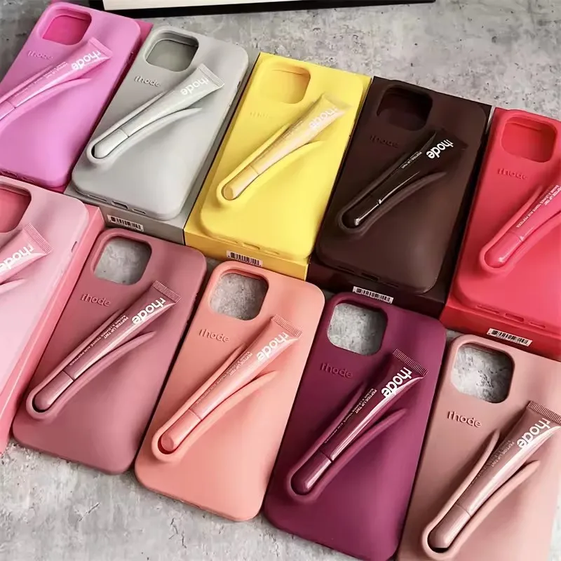 RHODE lip gloss, suitable for iPhone 11/13/14/15/16/17 Pro Max Plus, makeup lip gloss silicone protective cover, with lip gloss
