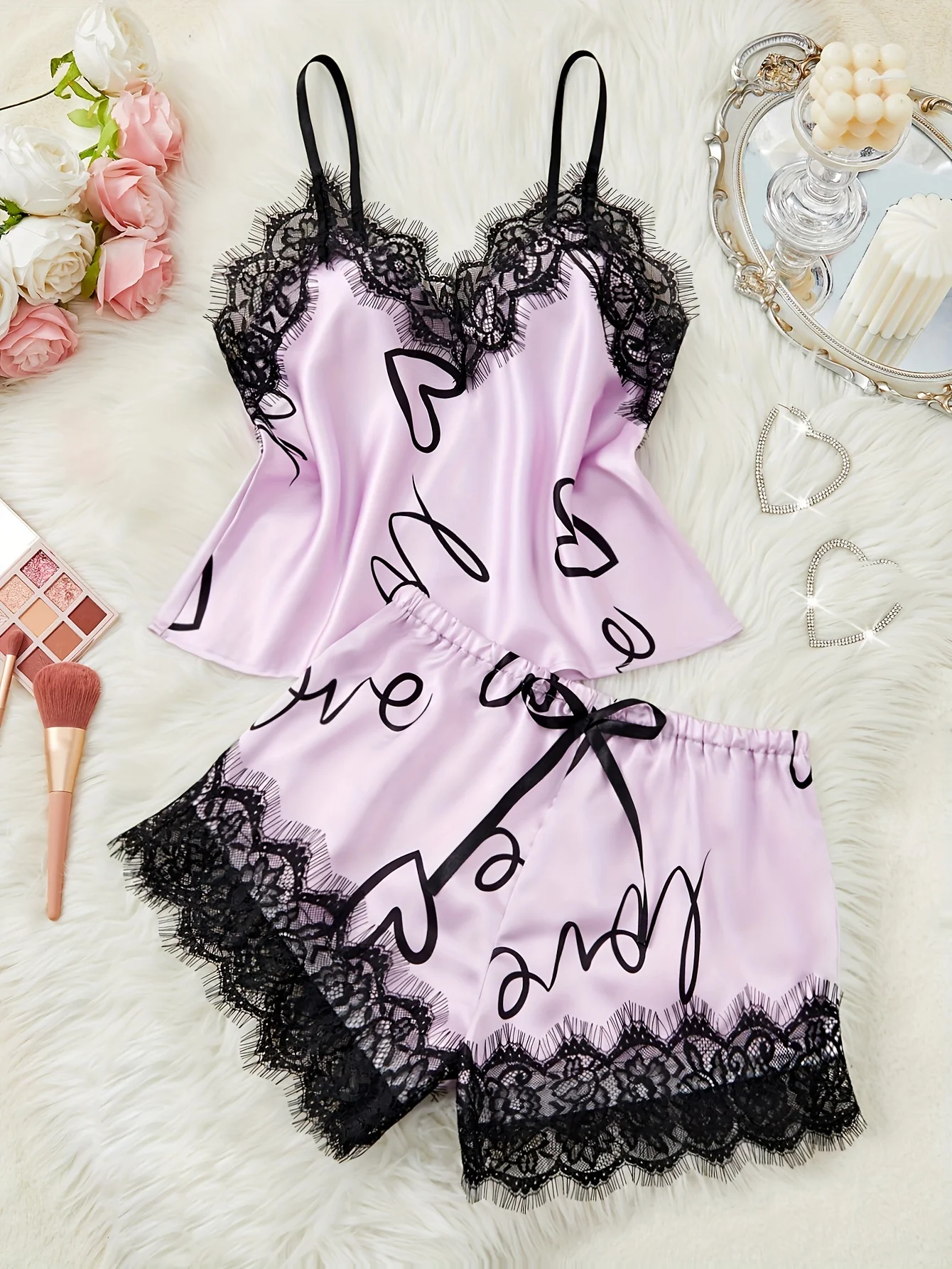 Women‘s Milk Silk Pajamas Set Summer Sleeveless Yellow Heart Print Lace Trim Soft Summer Sleepwear Lounge Sets Nightwear thumbnail 6