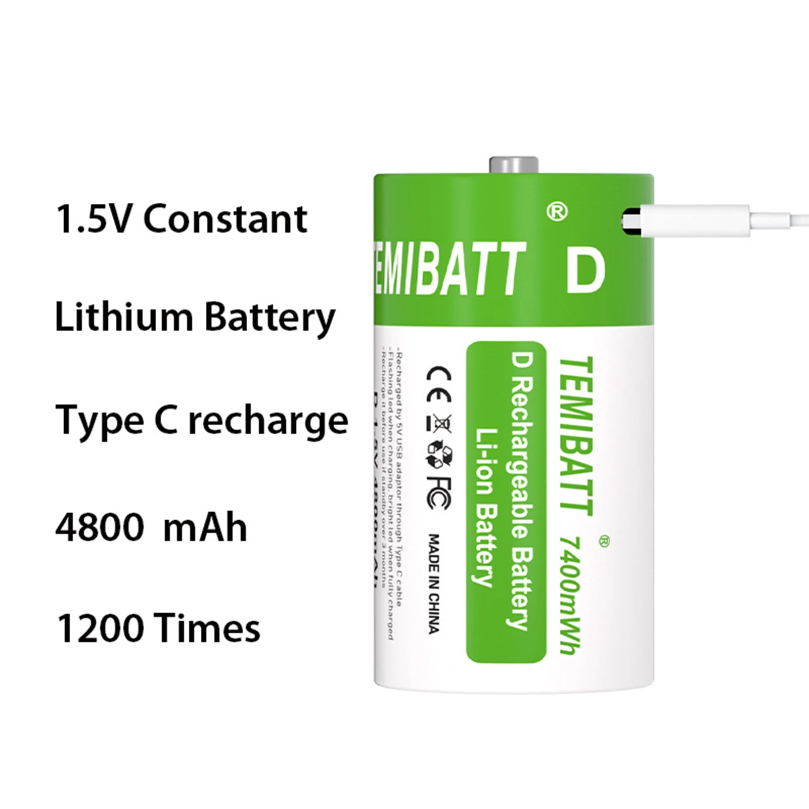 USB Fast Charging 1.5V D Size Battery LR20 D1 7400mWh High Capacity Li-ion Rechargeable Batteries For Gas Stoves Water Heaters thumbnail 2