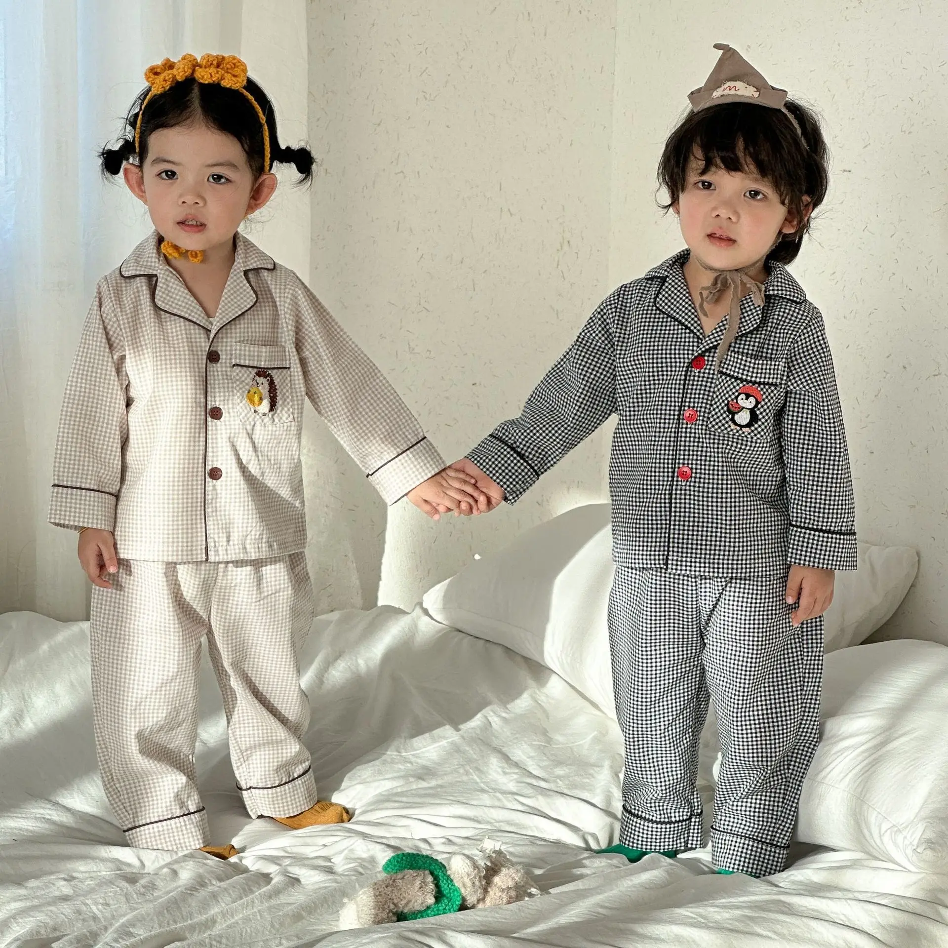 2026 Spring Children 2PCS Pajamas Set 2-10Y Kids Homewear Siblings Attire Girls Plaid Long Sleeves Suits Baby Infant Boys Outfit