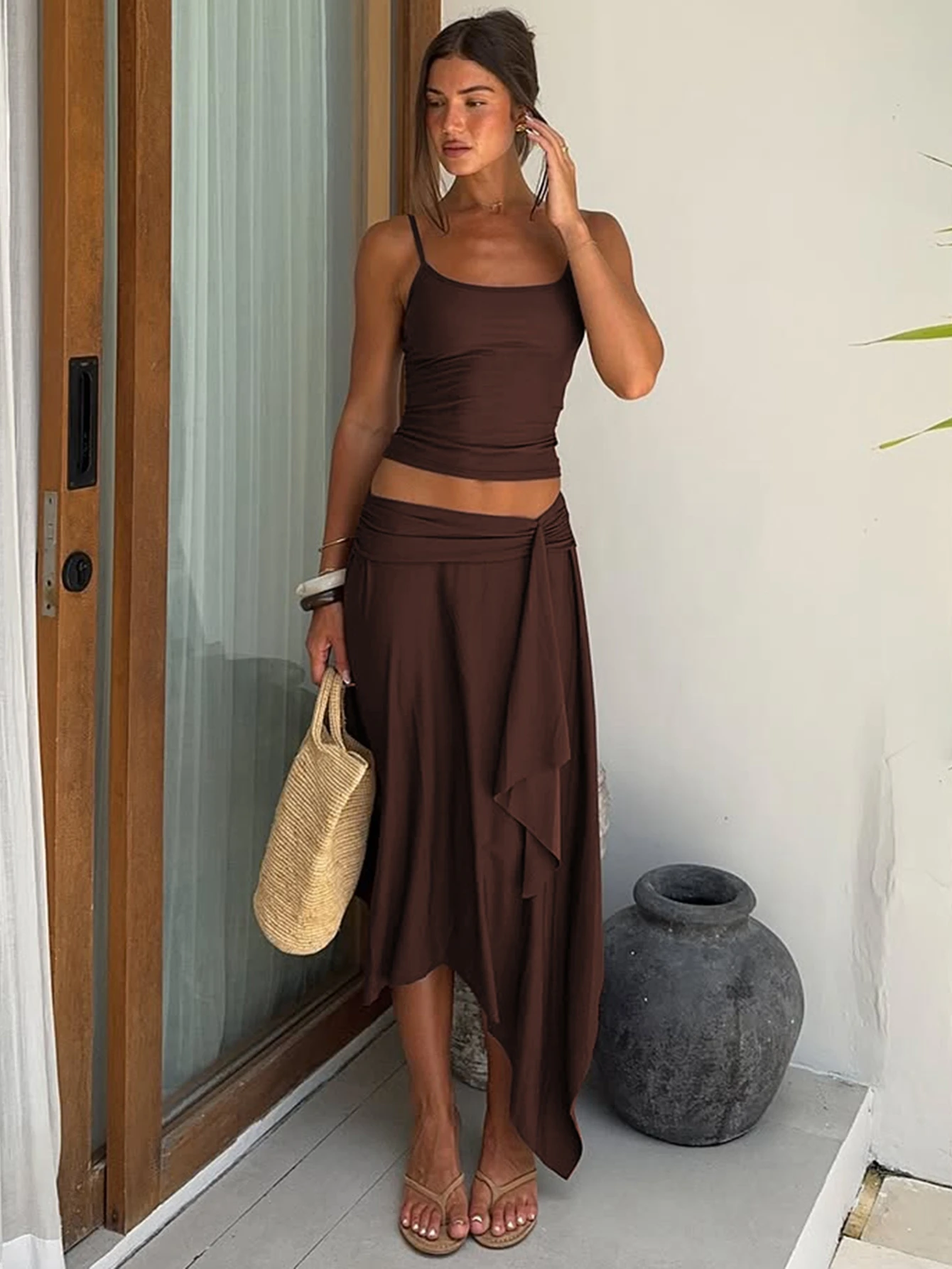 Hugcitar Fashion 2 Pcs Sest Solid Slips Sexy Slim Crop Camis Top Irregular Midi Skirt Women Clothes Beach Vacation Party Outfits