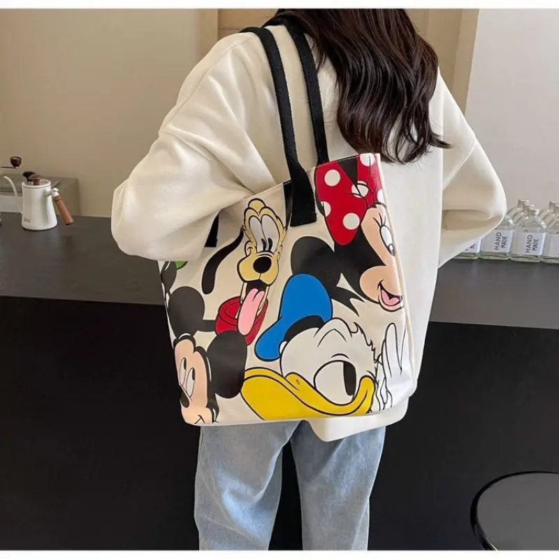New Mickey Large Capacity Canvas Bag Women's Cute Handheld Shoulder Bag Portable Shopping Tote