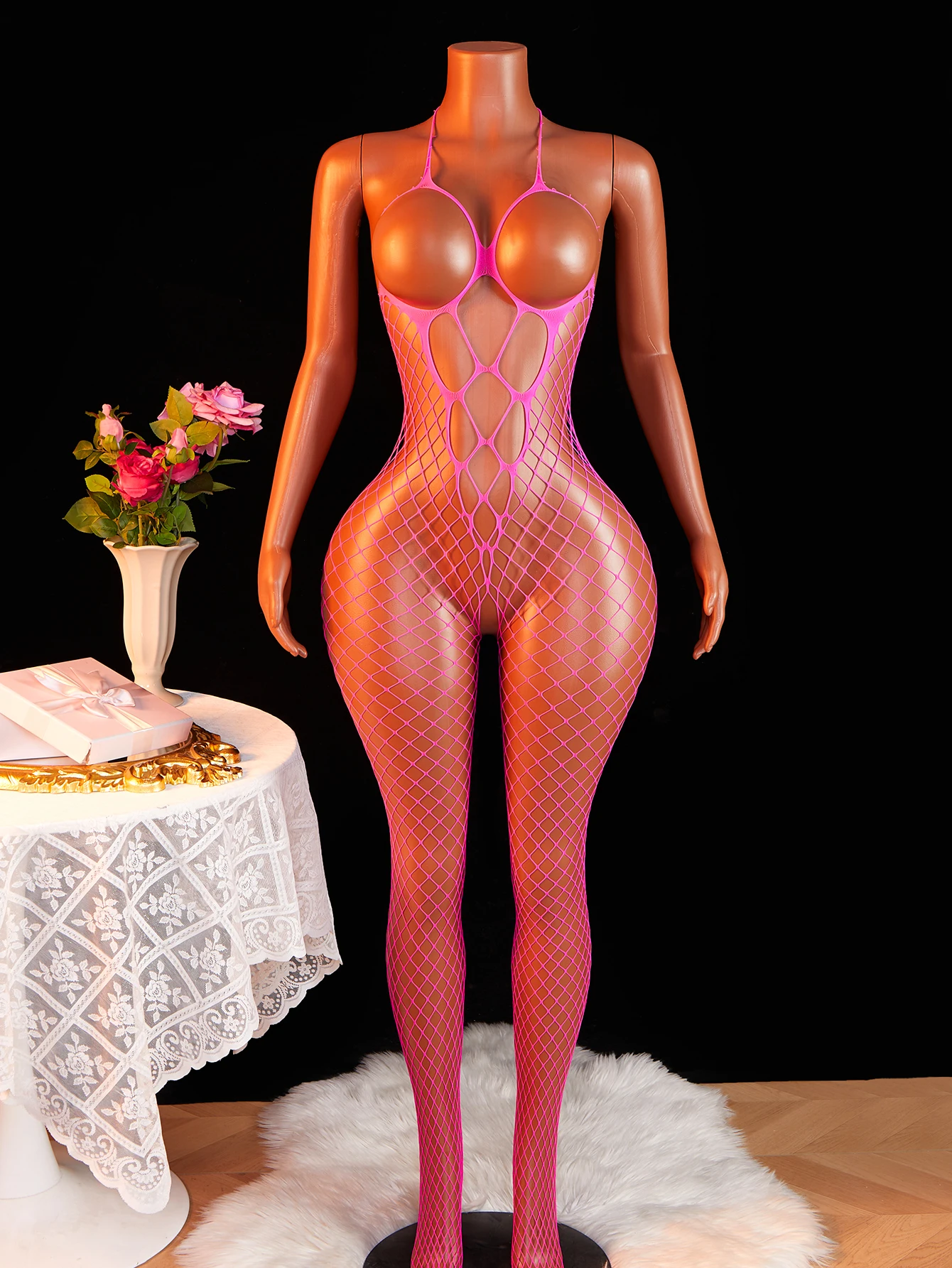 Rose Sheer Sexy Lingerie Open Bra Fishnet BodyStocking Fashion One-piece Crotchless Baby Doll Transparent Nightwear Costumes thumbnail 2