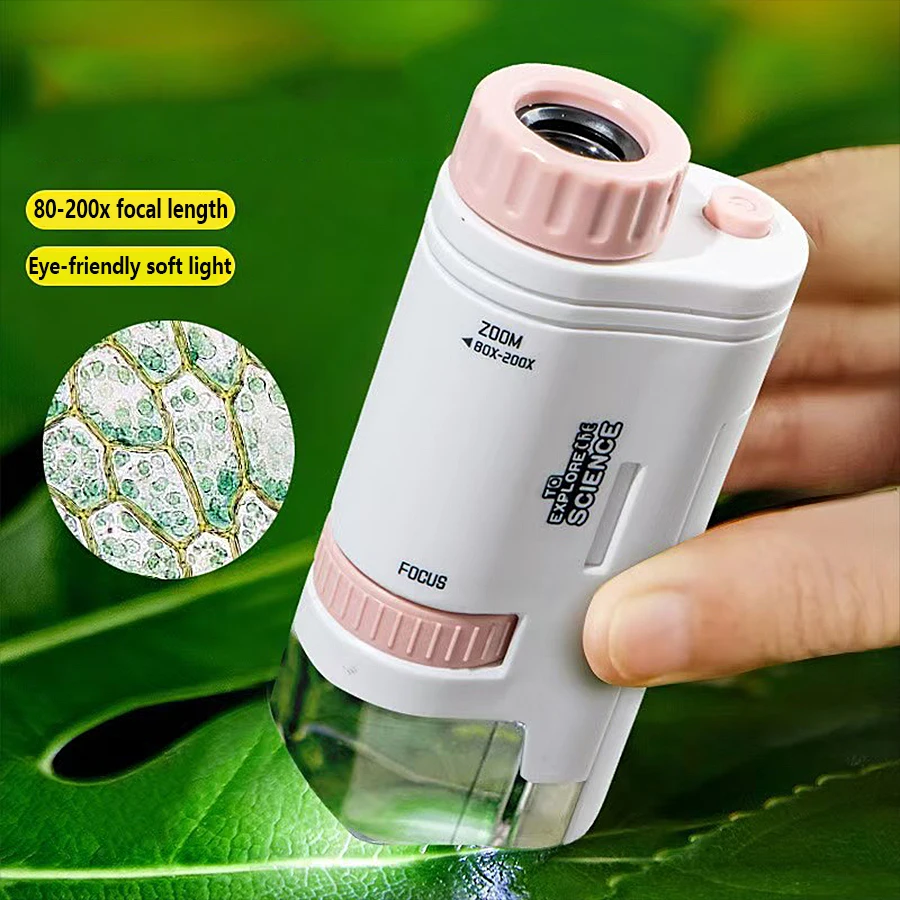 Children's Portable Microscope Magnifier 80-200X Focusing Optical Research Science Educational Toy Outdoor Exploration Learning