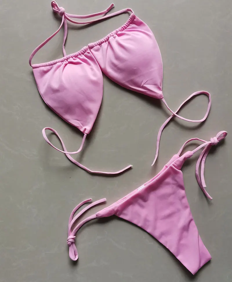 Summer Sexy Bikini set Push-up padded Bra Thong Split Swimwear Female Bandage Bathing Suit Adjustable Lacing Swimsuit Solid thumbnail 4