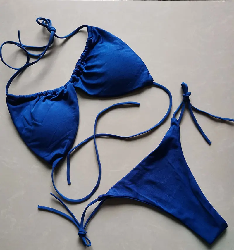 Summer Sexy Bikini set Push-up padded Bra Thong Split Swimwear Female Bandage Bathing Suit Adjustable Lacing Swimsuit Solid thumbnail 2