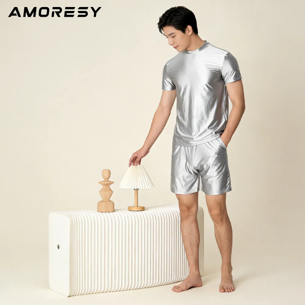 AMORESY Satin glossy Men's short sleeved shorts silky tight fit high waisted yoga swimsuit set smooth pants home wear thumbnail 3