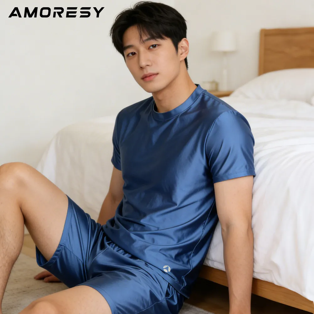 AMORESY Satin glossy Men's short sleeved shorts silky tight fit high waisted yoga swimsuit set smooth pants home wear thumbnail 2