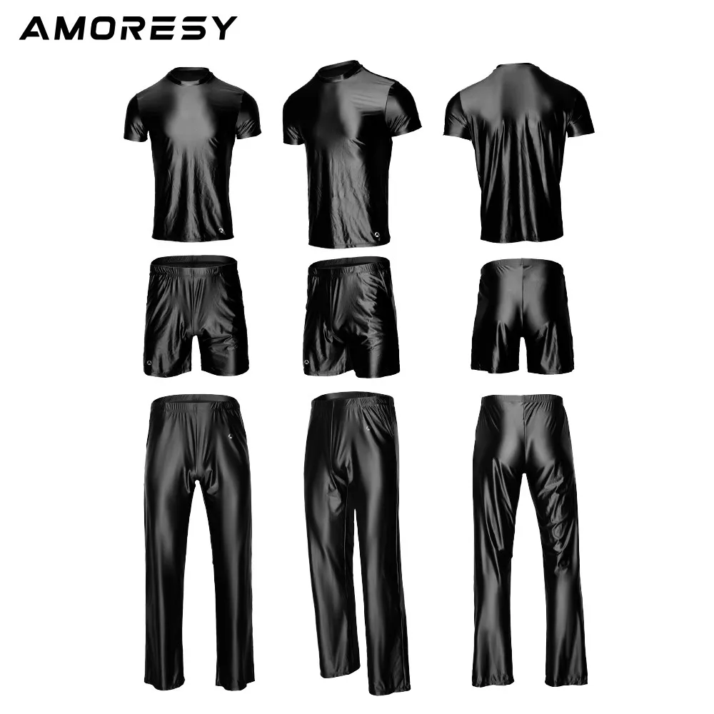 AMORESY Satin glossy Men's short sleeved shorts silky tight fit high waisted yoga swimsuit set smooth pants home wear thumbnail 4