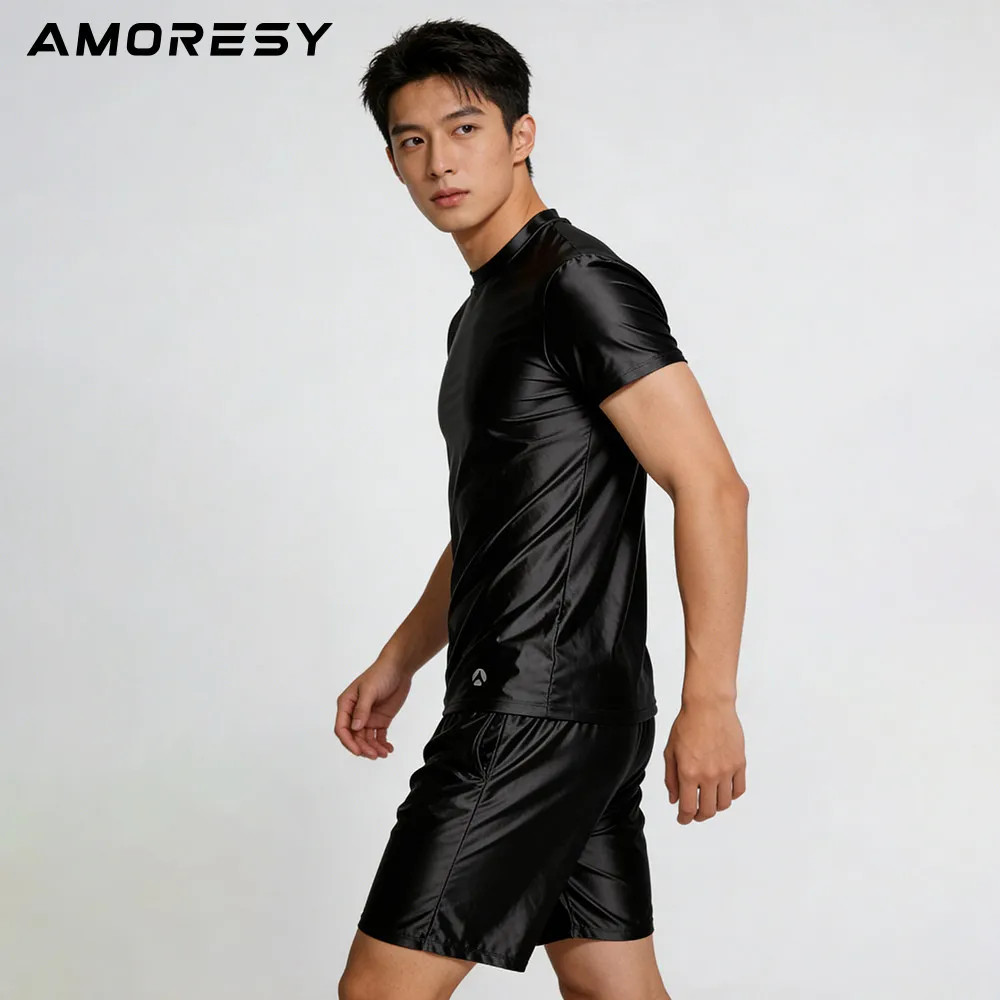 AMORESY Satin glossy Men's short sleeved shorts silky tight fit high waisted yoga swimsuit set smooth pants home wear thumbnail 5