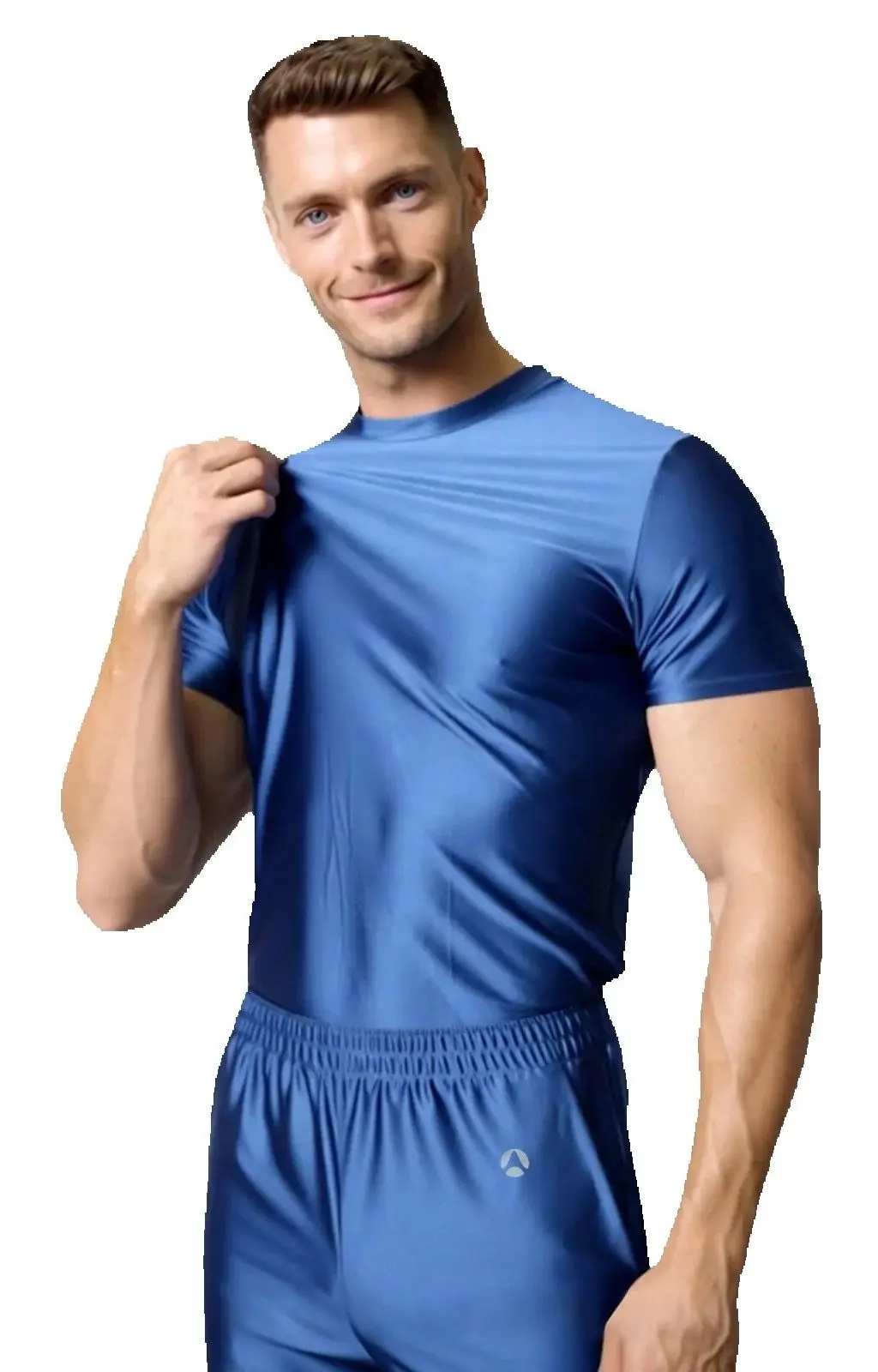 AMORESY Satin glossy Men's short sleeved shorts silky tight fit high waisted yoga swimsuit set smooth pants home wear thumbnail 6
