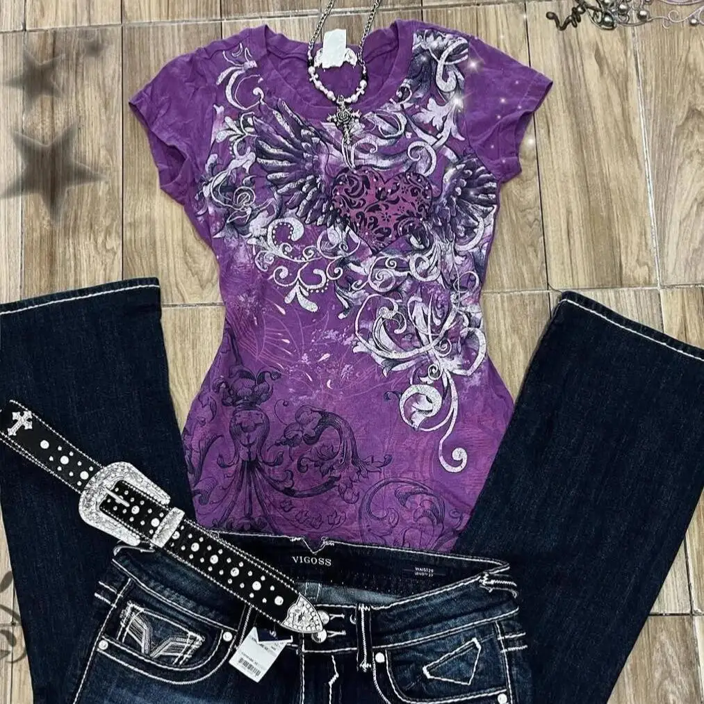 Women's Subculture Vintage Purple Print T-shirts American Street Hottie Slim Tees Fashion Y2K Punk Aesthetic Tops Chic Clothing
