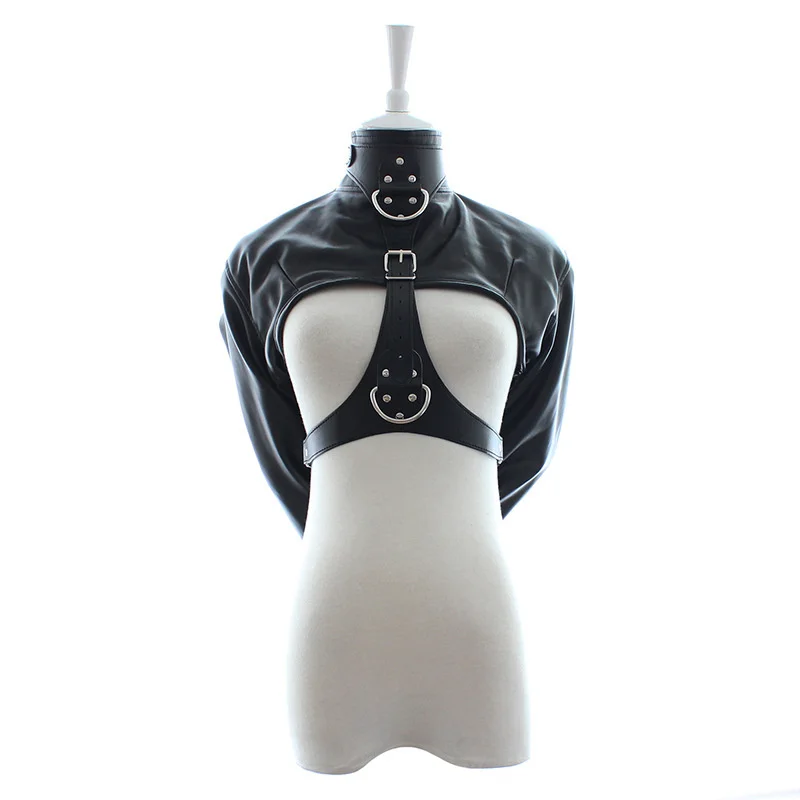 BDSM Female Bondage Breast Exposed PU Leather Straitjacket Restraint Body Harness Jacket Long Sleeves SM Play Flirting Women thumbnail 5