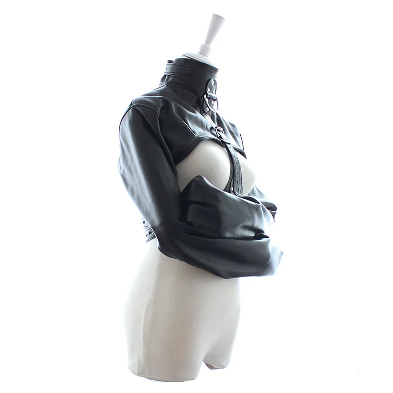 BDSM Female Bondage Breast Exposed PU Leather Straitjacket Restraint Body Harness Jacket Long Sleeves SM Play Flirting Women thumbnail 4