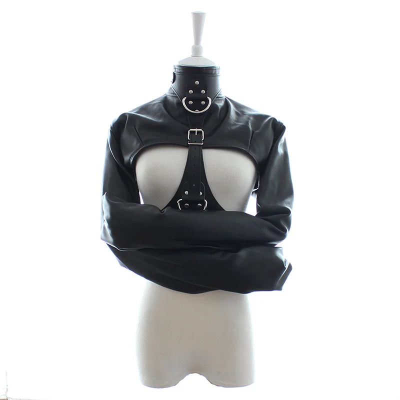 BDSM Female Bondage Breast Exposed PU Leather Straitjacket Restraint Body Harness Jacket Long Sleeves SM Play Flirting Women thumbnail 6