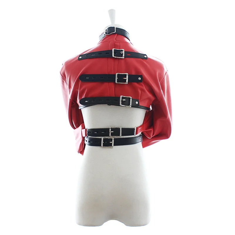 BDSM Female Bondage Breast Exposed PU Leather Straitjacket Restraint Body Harness Jacket Long Sleeves SM Play Flirting Women thumbnail 3