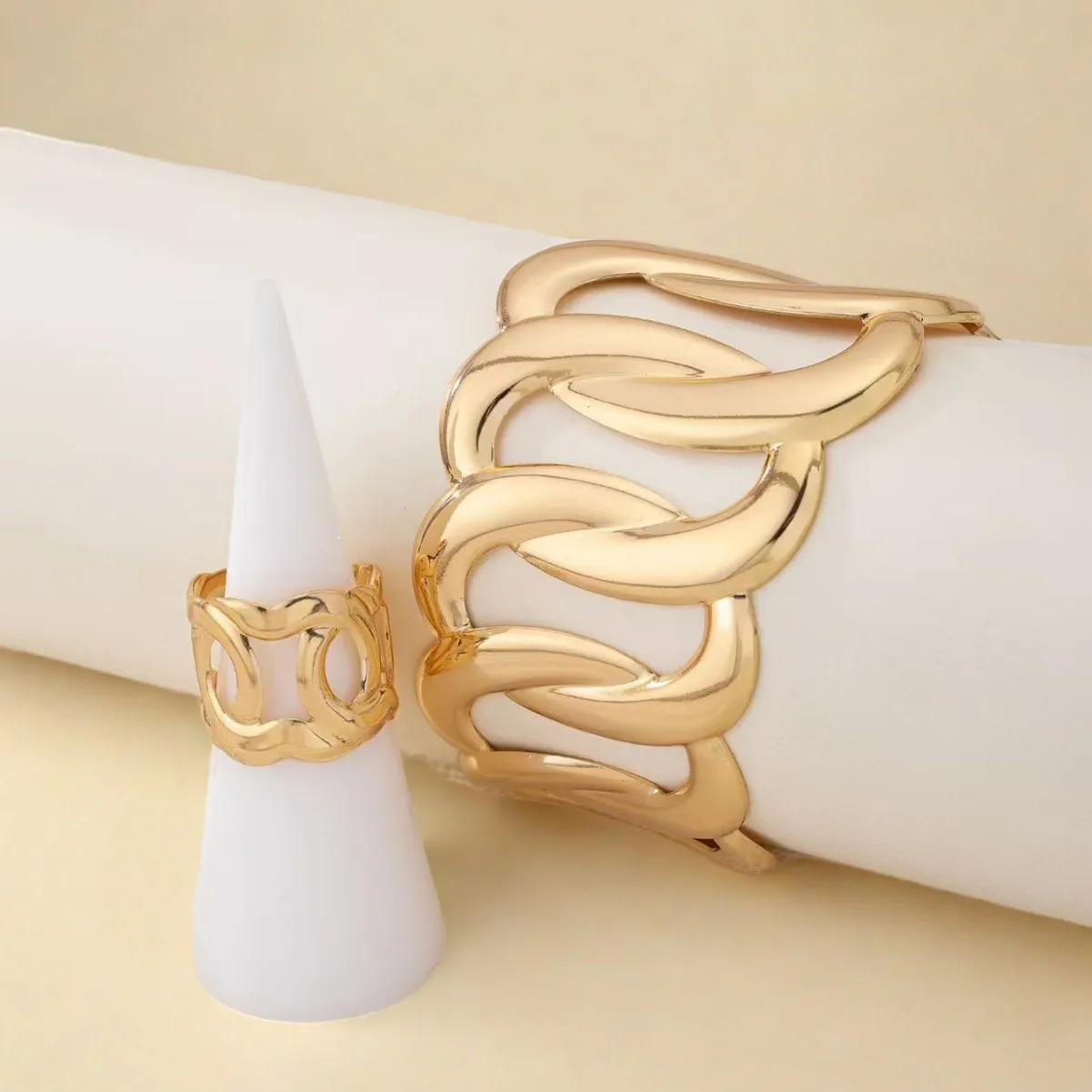 Geometric exaggerated line winding bracelet ring set opening adjustable women's jewelry thumbnail 4