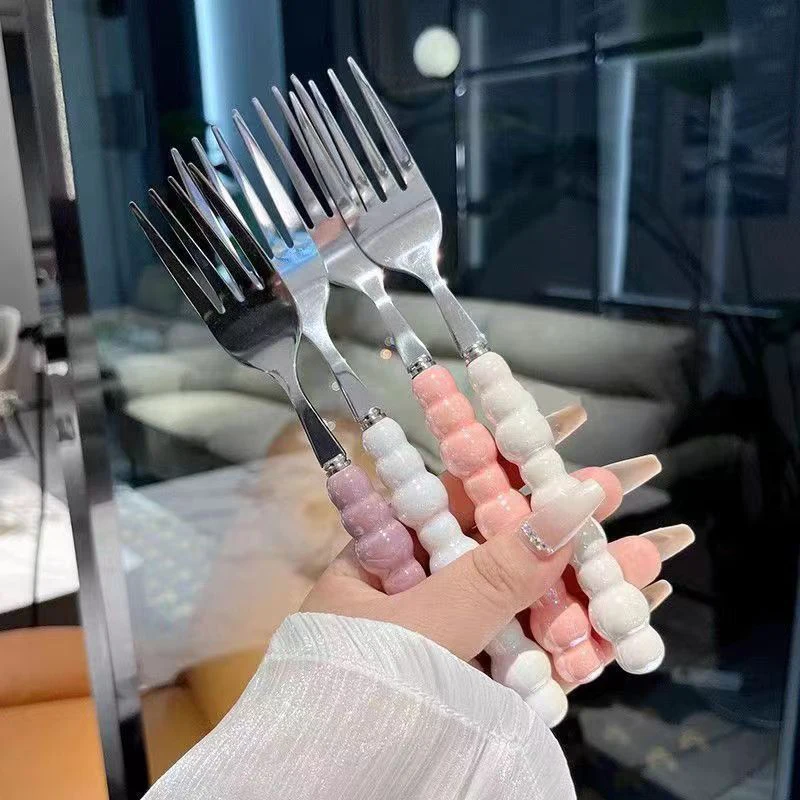 [YOUU]Pearl Handle Fork For Dessert Household Steak Stainless Steel Fork Salad Fork Dessert Pasta Fork Kitchen Accessor Gadgets thumbnail 2