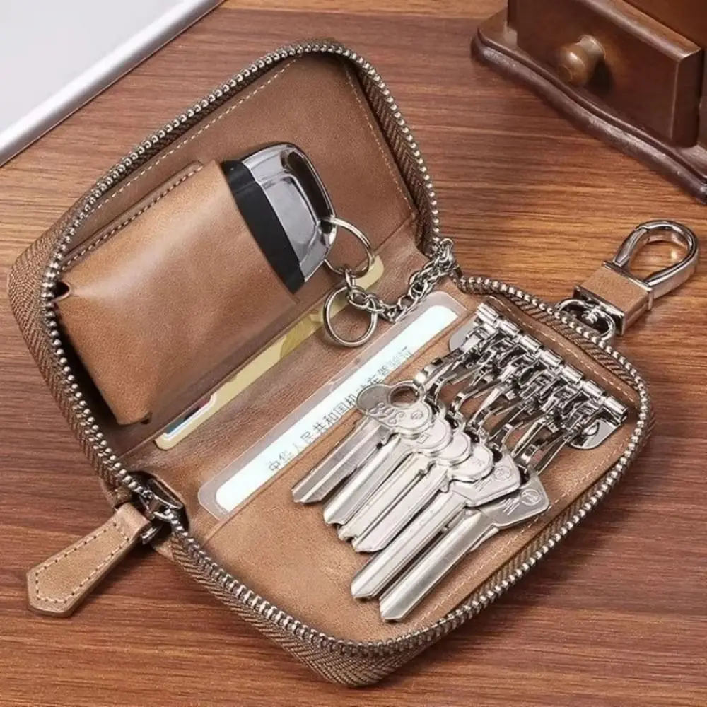 Car Keychain Retro Key Organizer Pouch Fashion PU Leather Car Key Wallet Zipper Portable Key Storage Organizer Commuting Use thumbnail 5