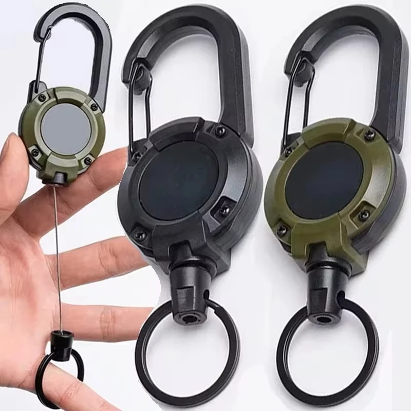 Retractable Heavy Duty Pull Reel Carabiner Strong Steel Wire Rope Buckle Spring Key Ring Outdoor Sporty attachment Keychain Tool thumbnail 2
