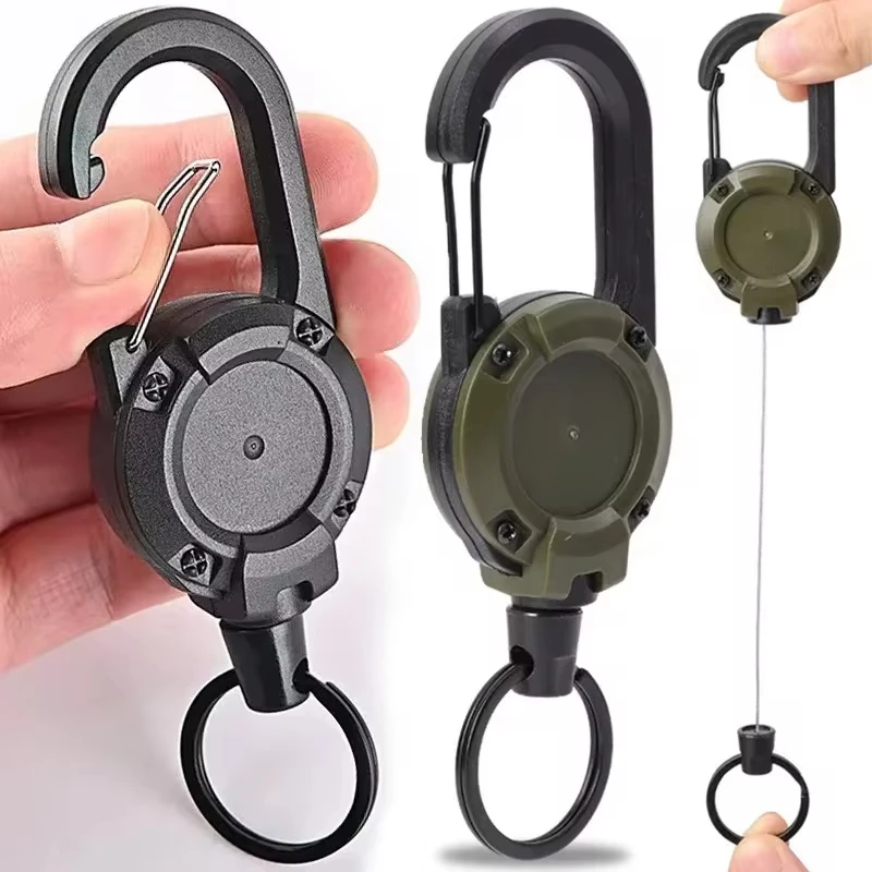 Retractable Heavy Duty Pull Reel Carabiner Strong Steel Wire Rope Buckle Spring Key Ring Outdoor Sporty attachment Keychain Tool thumbnail 3