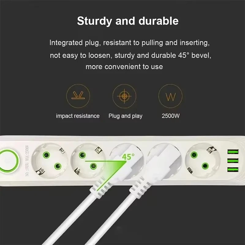 2500W EU Plug AC Outlet Multiprise Power Strip Extension Cord European Standard Socket Network Filter With USB Ports Charging thumbnail 3