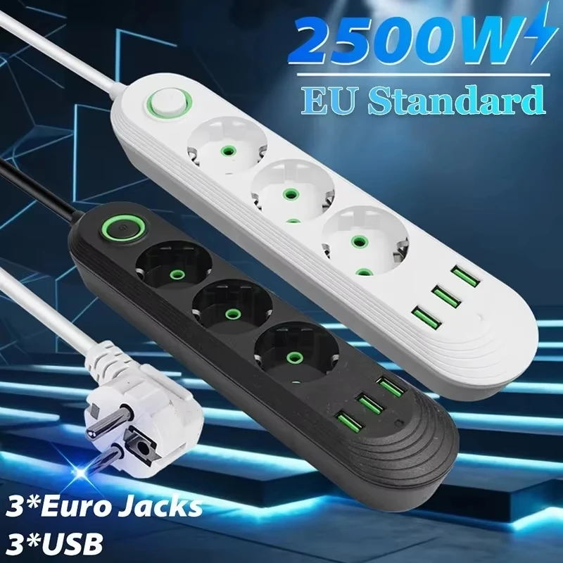 2500W EU Plug AC Outlet Multiprise Power Strip Extension Cord European Standard Socket Network Filter With USB Ports Charging thumbnail 4