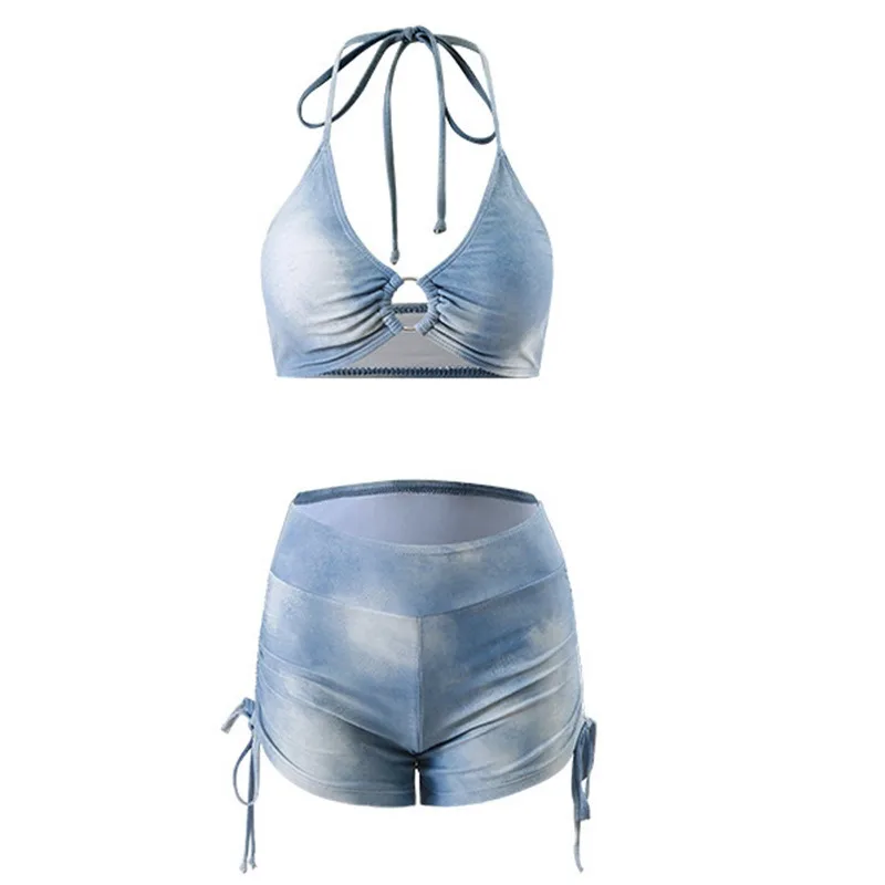 Vacation American Sexy Tie Dye Blue Sports Split Flat Angle Bikini Cover Three Piece Set Hot Spring Vacation Swimsuit for Women thumbnail 6