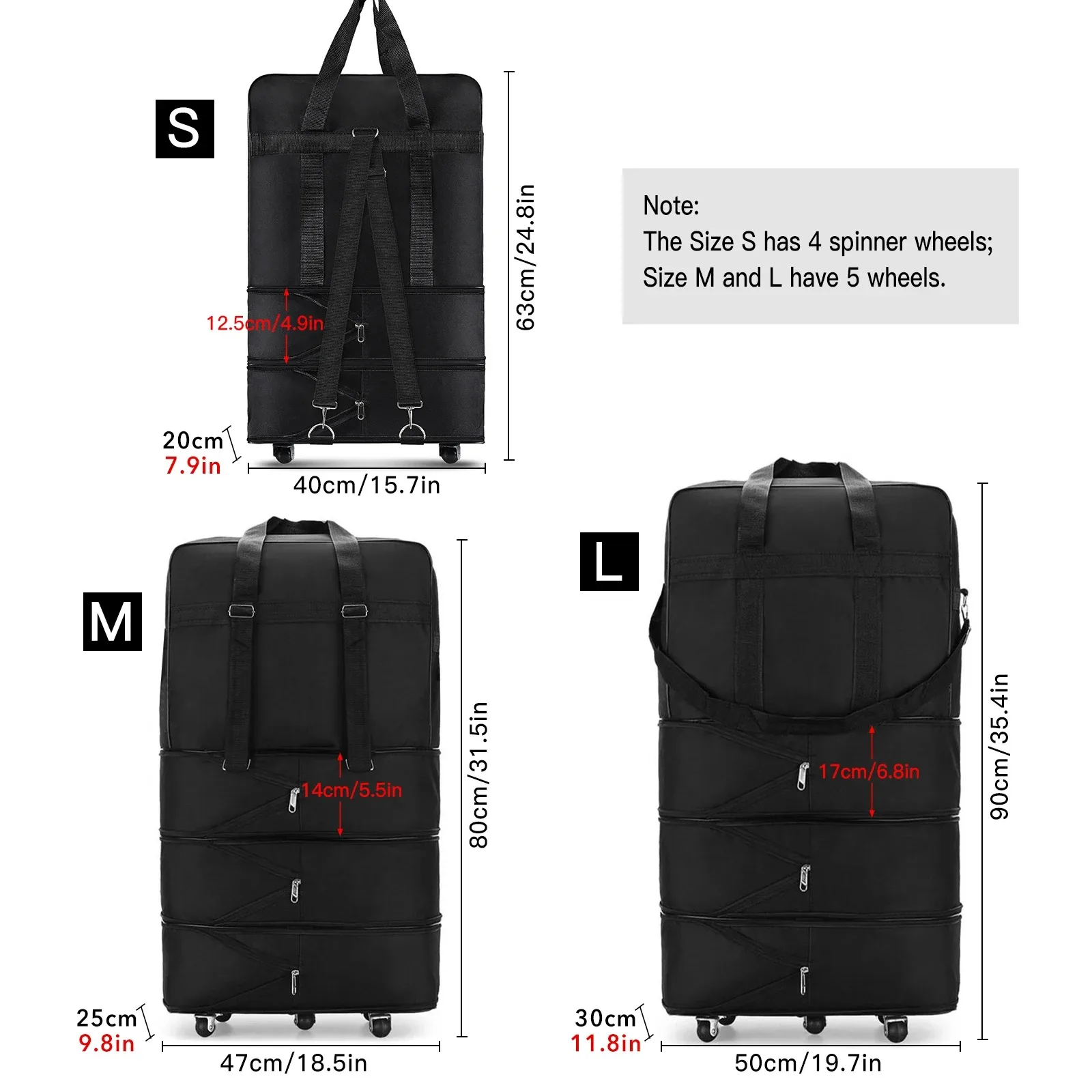 Travelling Pack Wheels For Women Men Expandable Foldable Trolley Luggage Versatile Black Suitcase For Weekend Trip overnight bag thumbnail 3
