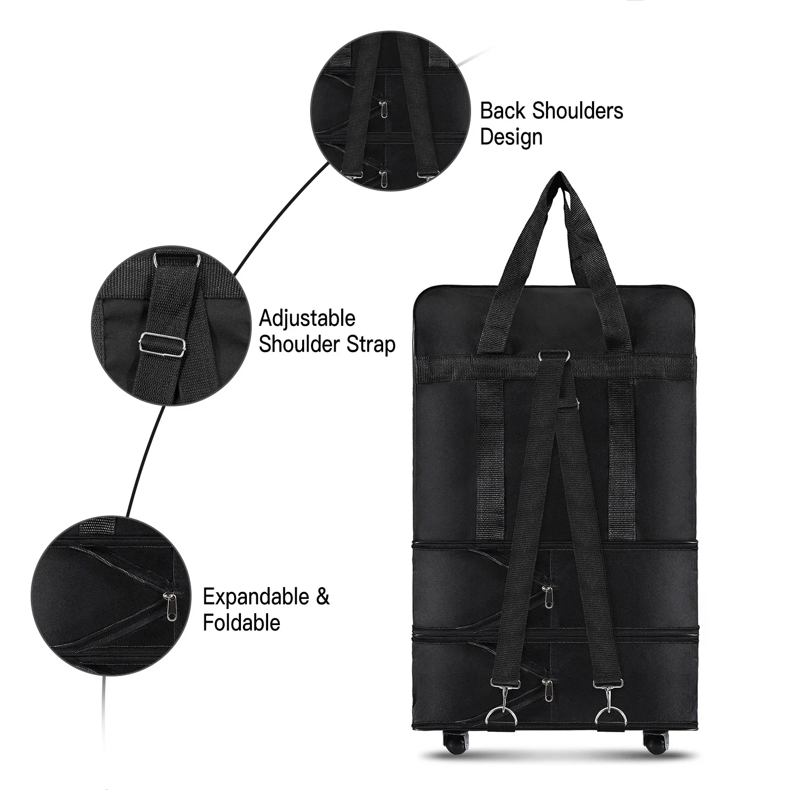 Travelling Pack Wheels For Women Men Expandable Foldable Trolley Luggage Versatile Black Suitcase For Weekend Trip overnight bag thumbnail 5