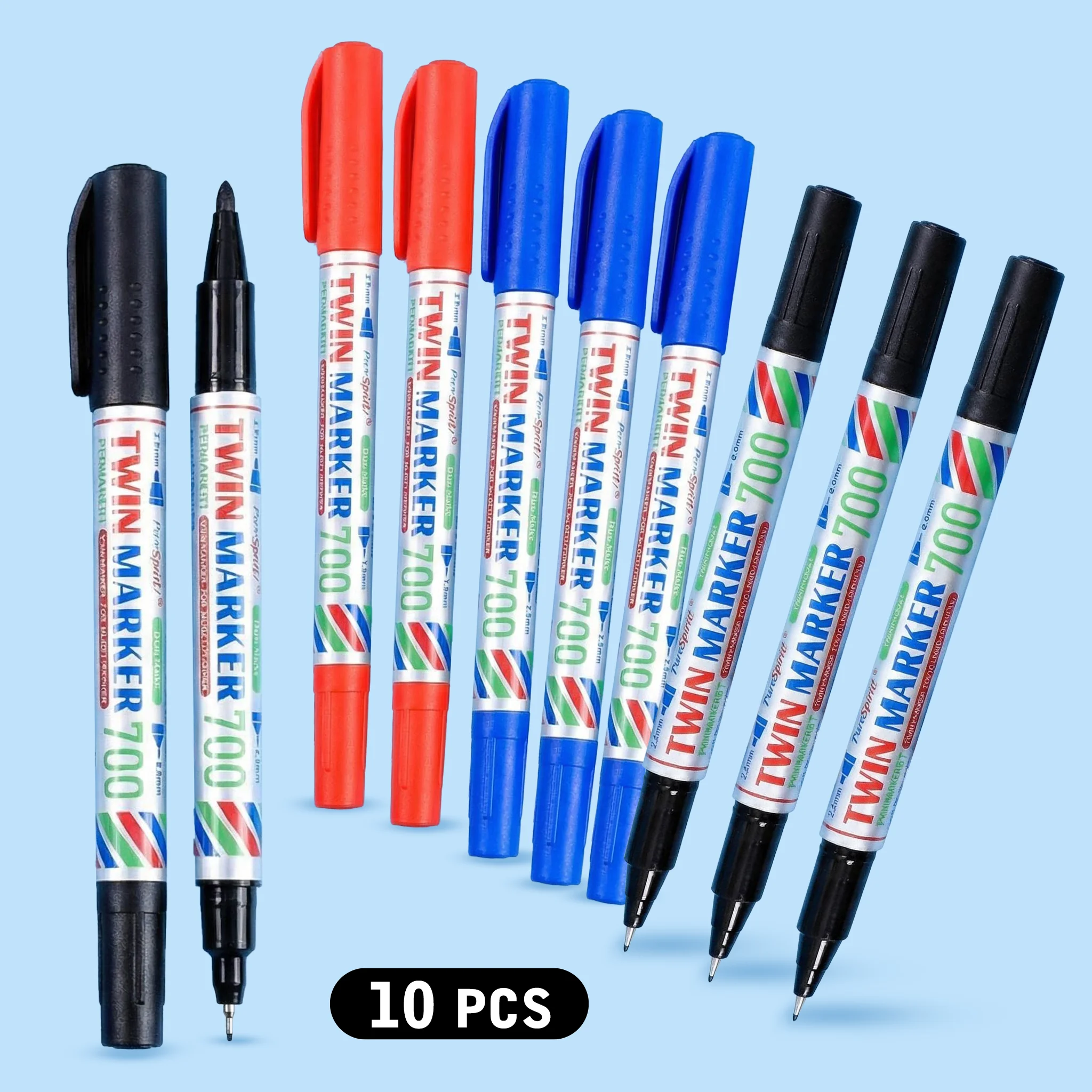 10pcs Twin Tip Permanent Marker 0.9/2.0mm Nib Waterproof Outline Pen Art Drawing Markers for Office,School Industrial Use