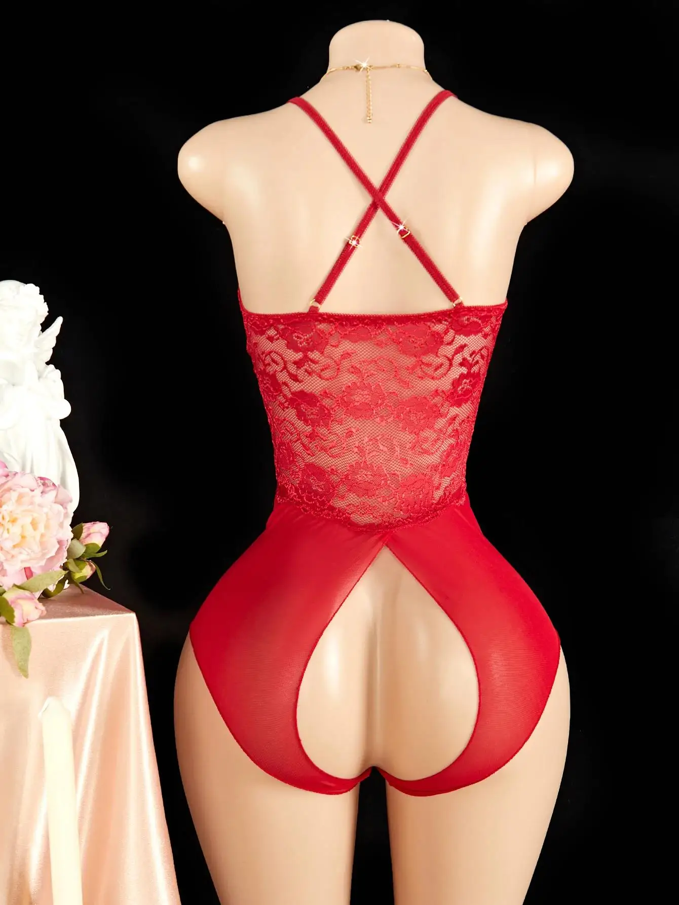 Crotchless Bodysuits For Women Lace Mesh Transparent Jumpsuits Erotic Costumes Sexy Deep V Halter Neck Rompers Teddy Body Suits thumbnail 5