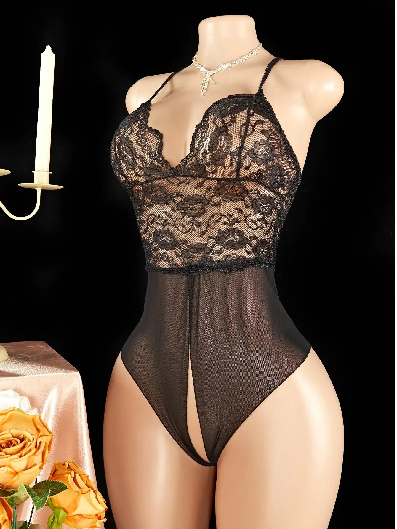 Crotchless Bodysuits For Women Lace Mesh Transparent Jumpsuits Erotic Costumes Sexy Deep V Halter Neck Rompers Teddy Body Suits thumbnail 3