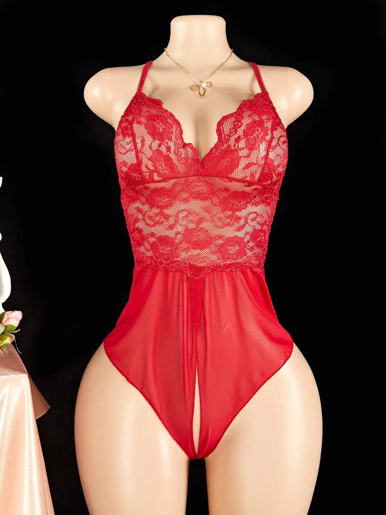Crotchless Bodysuits For Women Lace Mesh Transparent Jumpsuits Erotic Costumes Sexy Deep V Halter Neck Rompers Teddy Body Suits thumbnail 4