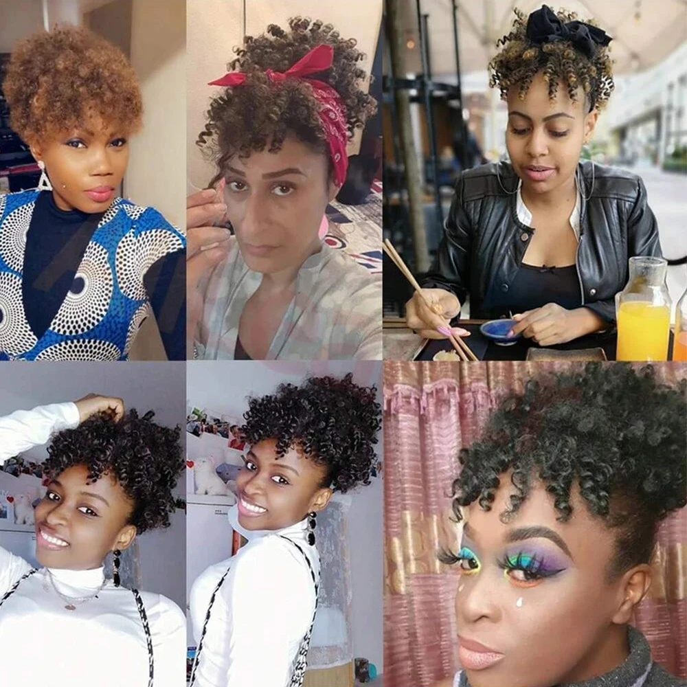 Afro Puff Drawstring Ponytail with Bangs Pineapple Updo Hair for Black Women, Short Kinky Curly Synthetic Ponytail Bun thumbnail 2