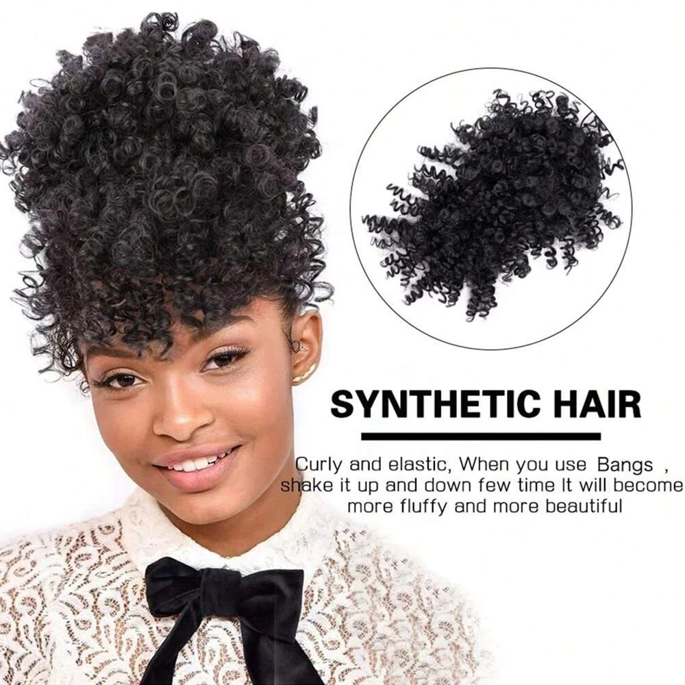 Afro Puff Drawstring Ponytail with Bangs Pineapple Updo Hair for Black Women, Short Kinky Curly Synthetic Ponytail Bun thumbnail 4